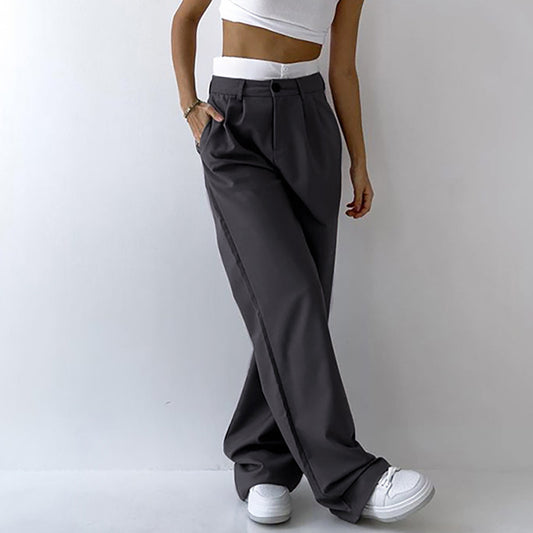 Wholesale Women's Autumn High Waisted Casual Gray Spliced Straight Pants