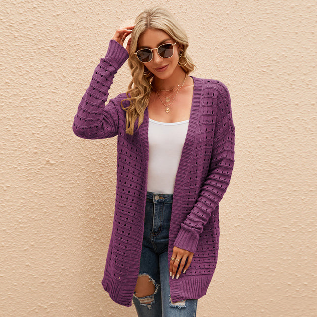 Wholesale Women's Solid Color Hollow Cardigan Mid-Length Loose Sweater Jacket