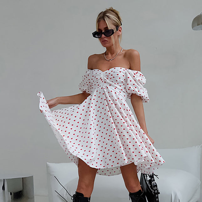 Wholesale Ladies Summer Dress Women's Off Shoulder Print Puff Sleeves Mini Dress