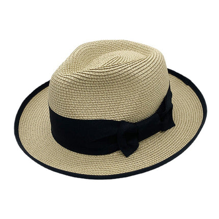 Women's Curly Bow Sun Protection Tricot Wide Brim Satin Summer Literary Straw Hat