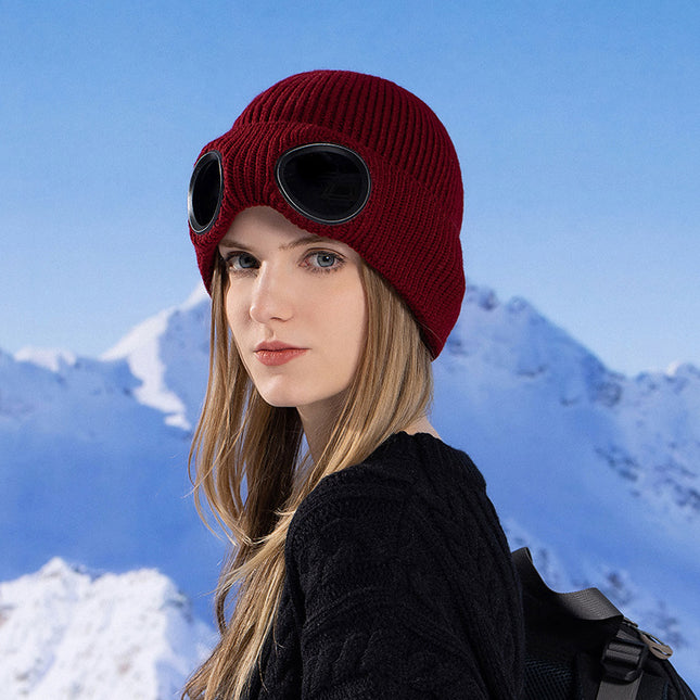 Wholesale Winter Ski Velvet Warm Windproof Glasses Pullover Knitted Hat