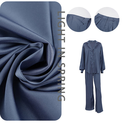 Wholesale Autumn Fashion Blue Satin Casual Long Sleeve Shirt High Waist Wide Leg Pants Two-Piece Set