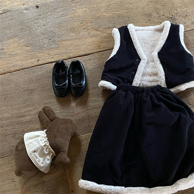 Wholesale Girls Contrast Color Thickened Vest and Skirt Two-piece Set