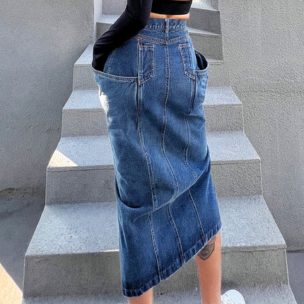 Wholesale Women's Irregular Washed Denim Exaggerated Big Pockets Slit Skirt
