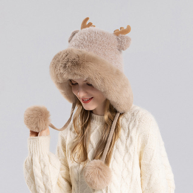 Women's Winter Outdoor Warm Fur Ball Antlers Ear Protection Knitted Hat