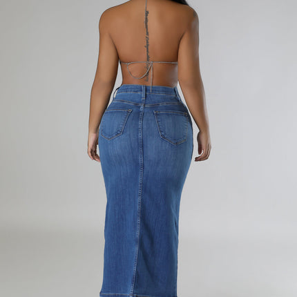 Wholesale Women's Fashionable Washed Slit Denim Maxi Skirt