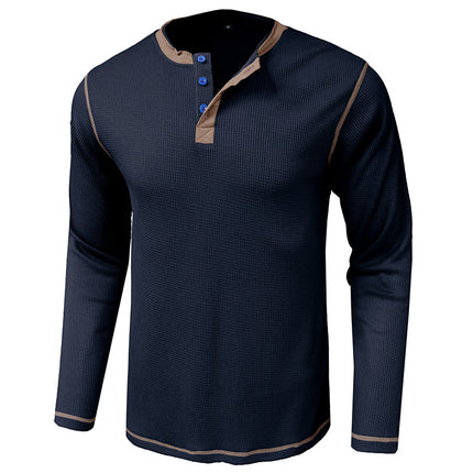 Men's Fall Winter Long-sleeved Henley Waffle Color Block T-shirt