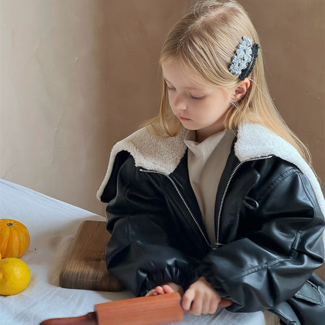 Wholesale Girls Winter Padded Thickened Lapel PU Leather Jacket