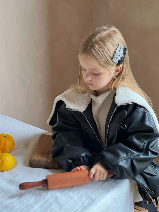 Wholesale Girls Winter Padded Thickened Lapel PU Leather Jacket