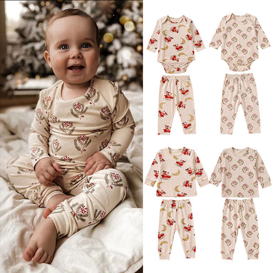 Wholesale Baby Christmas Two Piece Set Baby Long Johns Kids Cotton Printed Thermals
