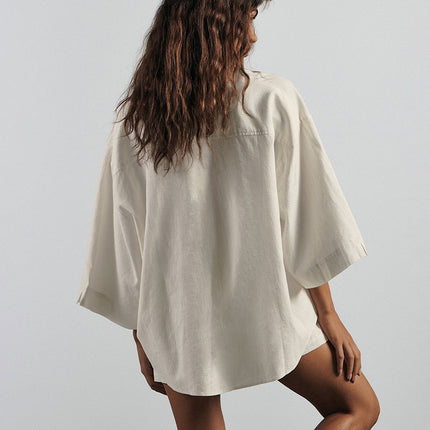 Wholesale Women's Summer Casual V-neck Loose Shirt Three-quarter Sleeve High Waist Wide Leg Shorts Two-piece Set