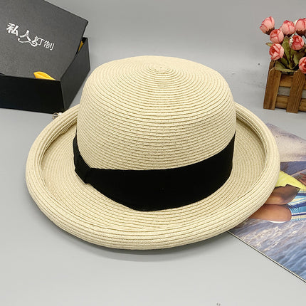 Women's Summer Sun Protection Dome Curled Tricot Knitted Wide Brim Satin File Literary Straw Hat