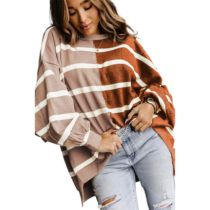 Wholesale Women's Fall Winter Loose Contrast Color Round Neck Striped Hoodies