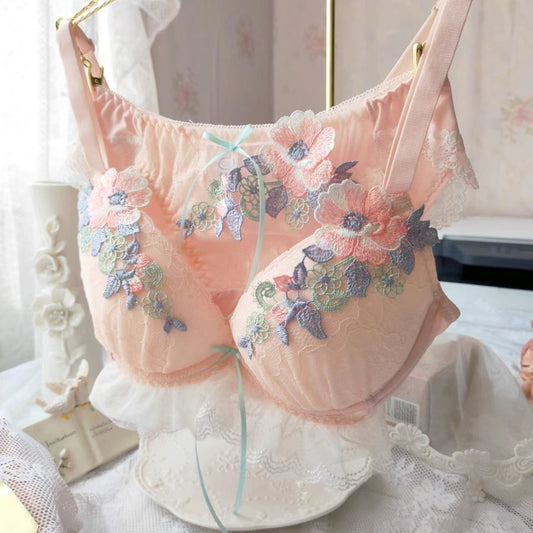 Wholesale Girls Sweet Deep V Thin Cup Flower Embroidered Bra Panty Set 