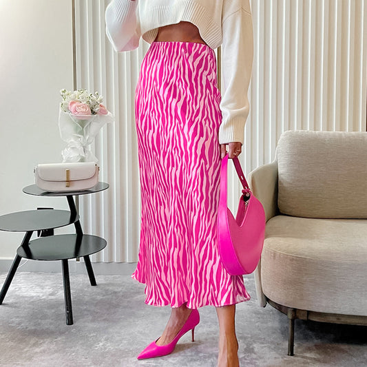 Wholesale Ladies Satin Printed Skirt Spring Summer Pink Striped Mid Length Skirt A Line Skirt