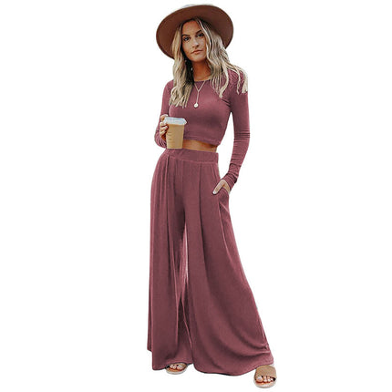 Wholesale Women's Autumn Solid Color Casual Thread Slim Fit Top Pants Two Piece Set