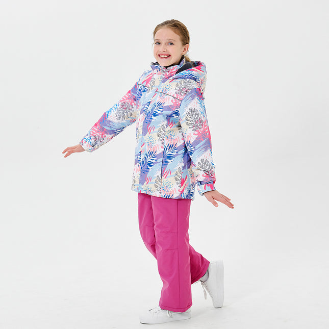 Wholesale Girls Sports Thickened Plant Print Ski Wear Jacket Two Piece Suit