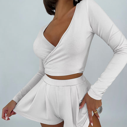 Wholesale Women's Summer Temperament Slim Deep V Long Sleeve Sexy Vest High Waist Shorts Set