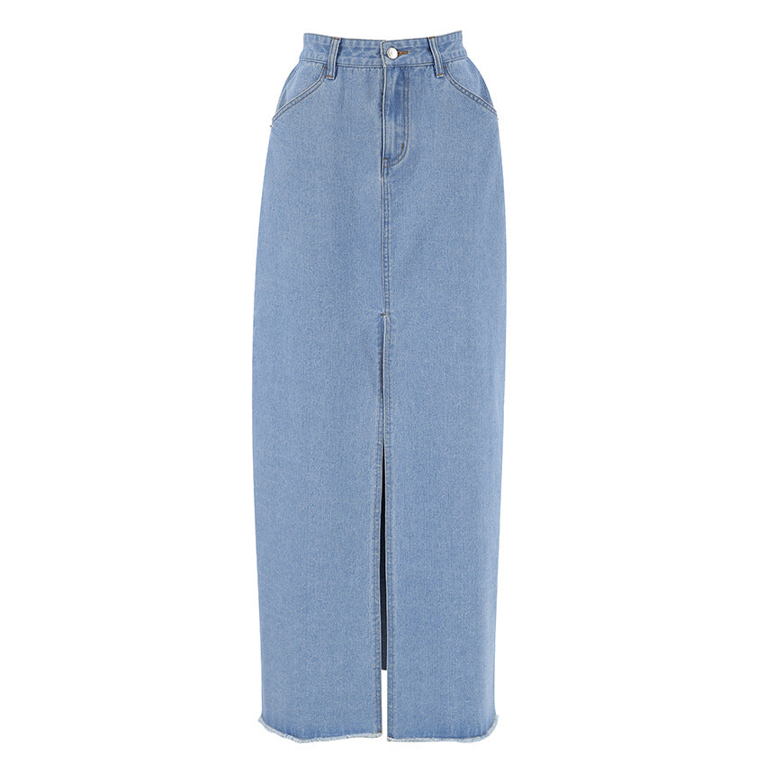 Wholesale Women's High Waist Denim Blue Spring Summer Slit Long Skirt Retro Skirt