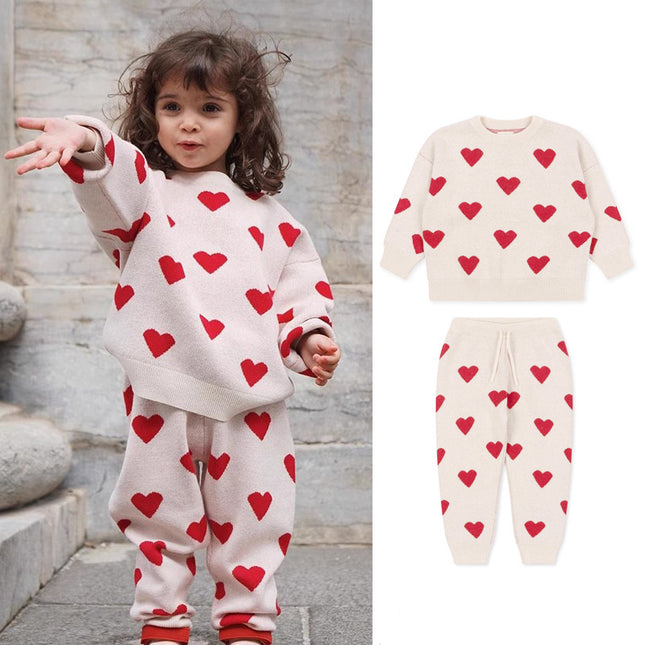 Wholesale Children's Fall Winter Cute Love Pullover Sweater Pants Two Piece Set