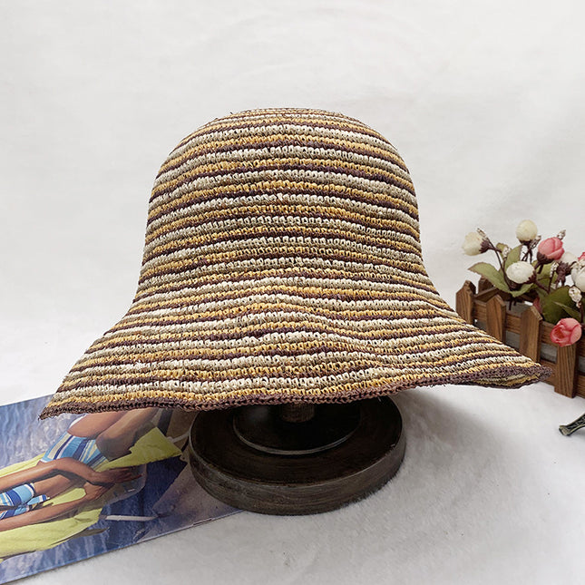Wholesale Outdoor Summer Sun Protection Straw Hat Striped Foldable Raffia Hat 