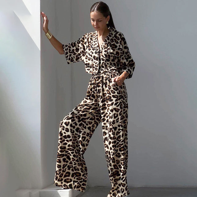 Women's Autumn Leopard Print Shirt T-Shirt Loose High Waist Wide Leg Pants Two-piece Set