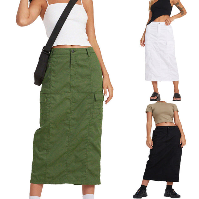 Wholesale Women's Solid Color High Waisted Multi-Pocket Midi Skirt Loose Slit Denim Skirt