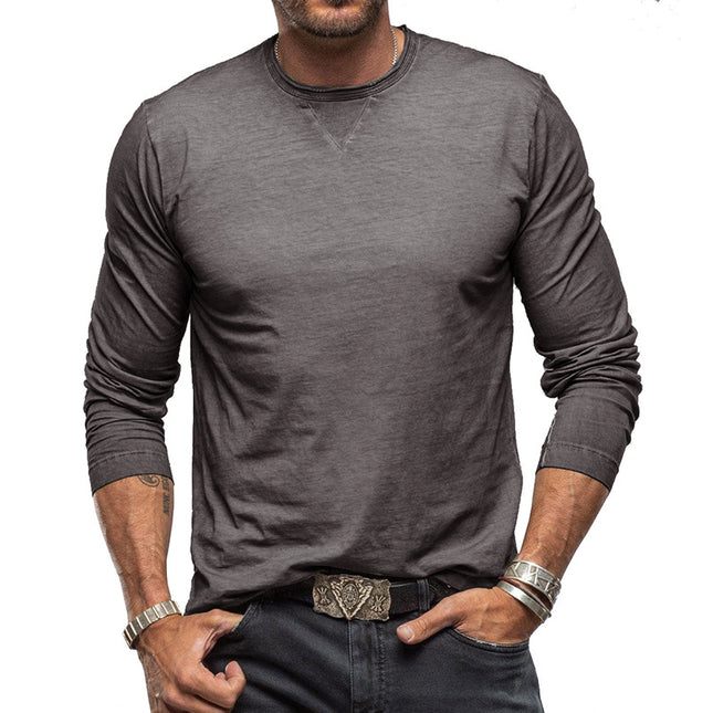 Men's Fall Winter Solid Color Round Neck Long Sleeve Cotton T-shirt