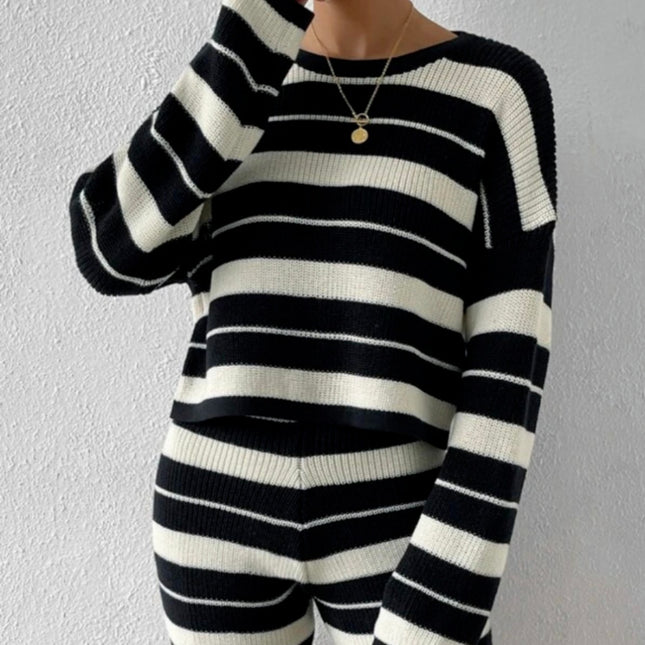Wholesale Women's Striped Casual Sweater Top Shorts Two Piece Set