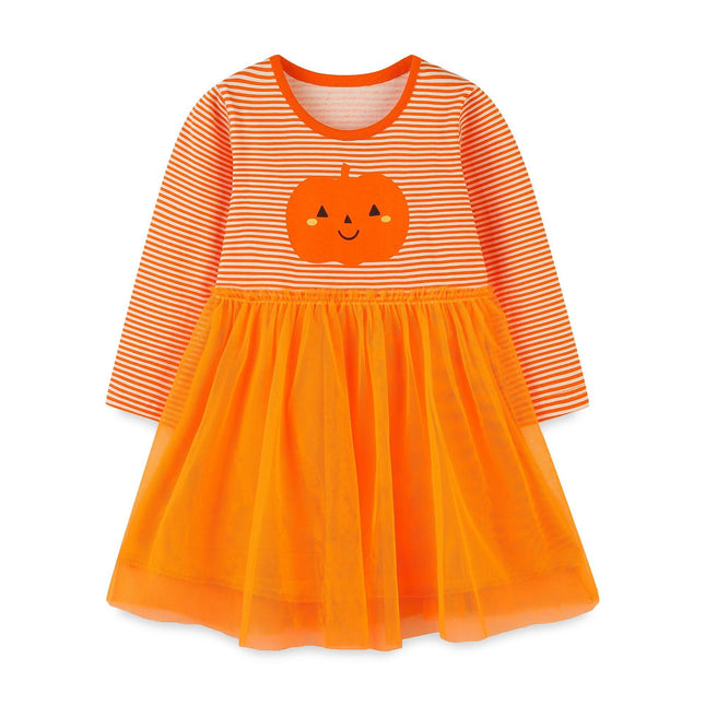 Wholesale Children's Fall Long Sleeve Cute Pumpkin Print Mesh Princess Dress