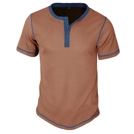Wholesale Men's Summer Short Sleeve Henley T-Shirt Color Block Top