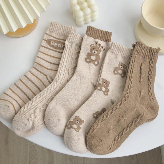 Wholesale Women's Autumn Winter Warm Cotton Socks Khaki Bear Wool Pile Socks