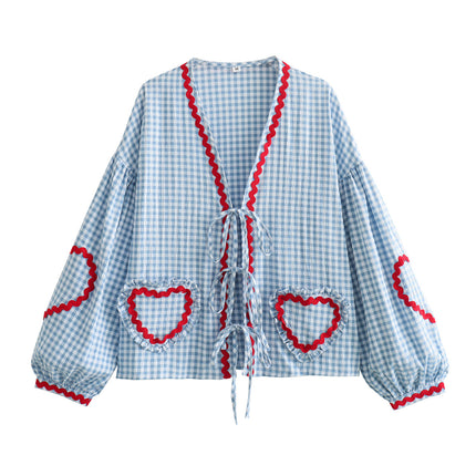 Women's Summer Check Heart Lantern Sleeve V-Neck Ribbon Shirt