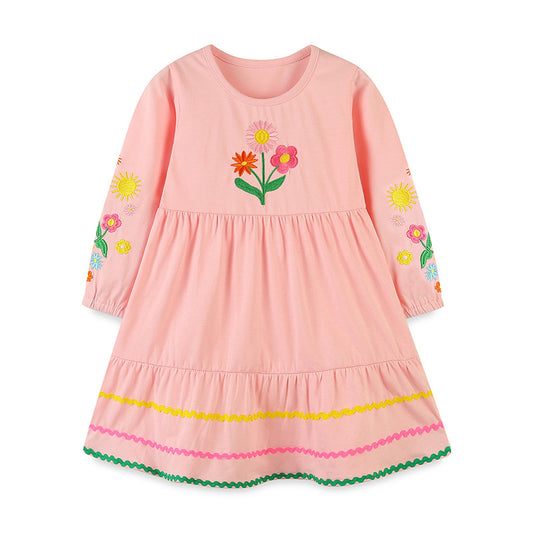 Wholesale Girls Autumn Embroidered Flowers Sweet Round Neck Princess Dress