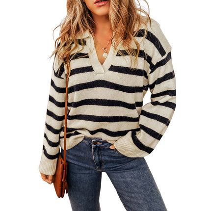 Wholesale Women's Casual Striped Printed Knitted Pullover Drop Sleeve Sweater