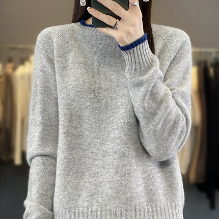 Wholesale Women's Color Blocked Round Neck Loose Pullover 100%Wool Sweater