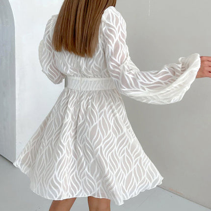 Wholesale Ladies Spring Summer Jacquard White Waist A-Line Long Sleeve Mini Dress