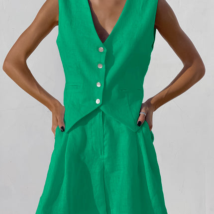 Women's Fashion Summer Cotton and Linen Simple Blazer Vest and Shorts Set
