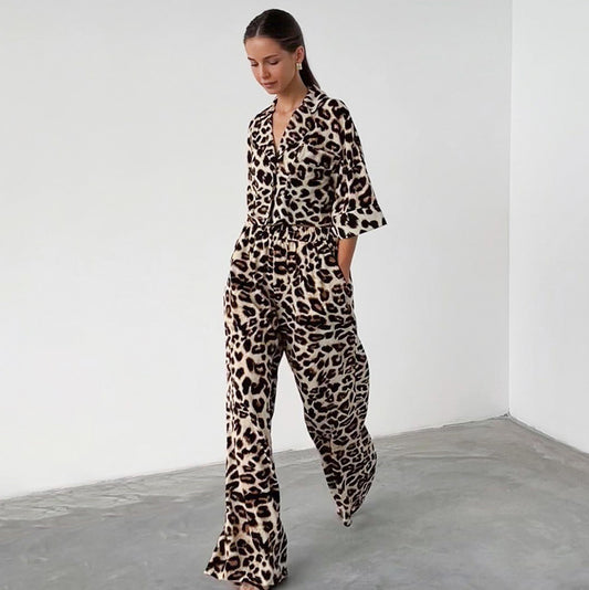Women's Autumn Leopard Print Shirt T-Shirt Loose High Waist Wide Leg Pants Two-piece Set