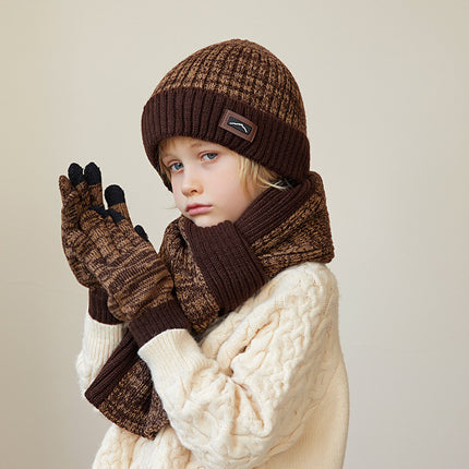 Wholesale Kdis Winter Outdoor Warm Fleece Knitted Hat, Scarf and Gloves Three-piece Set