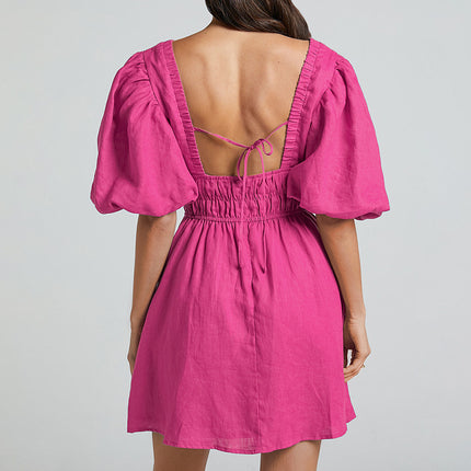Wholesale Ladies Summer Cotton Dress Puff Sleeve Slim Fit Deep V Waist Slim Mini Dress