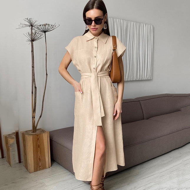 Wholesale Ladies Short Sleeve Cotton Linen Dress Women's Summer Maxi Dress Shirt Dress