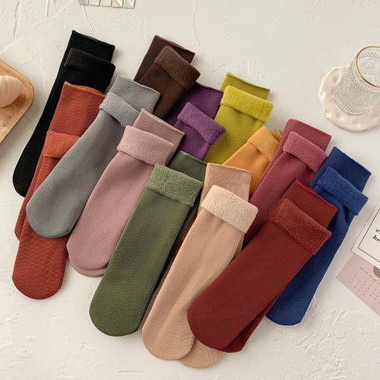 Women's Velvet Thickened Stripes Solid Color Cotton Warm Mid-calf Floor Pile Socks 
