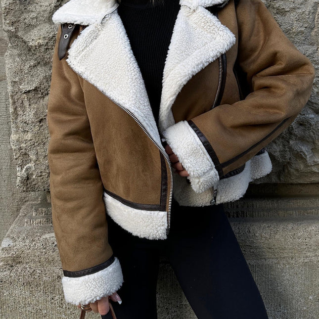 Wholesale Women's Autumn Winter Brown Short Fur All-in-one Warm Jacket