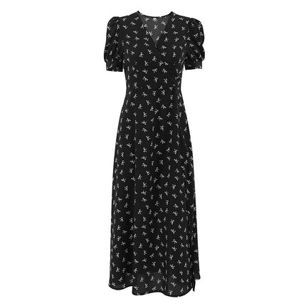 Wholesale Ladies Floral Black Dress Summer Short Sleeve Slit High Waist A-Line Long Dress
