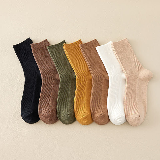 Women's Spring Autumn Solid Color Cotton Anti-odor and Sweat-absorbent Mid-calf Socks