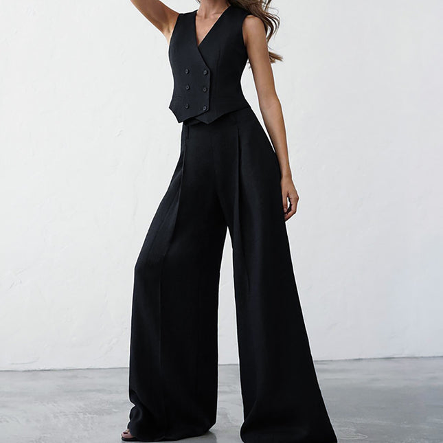 Wholesale Women's Summer Casual Fashion Black Vest Trousers Blazer Two-Piece Set
