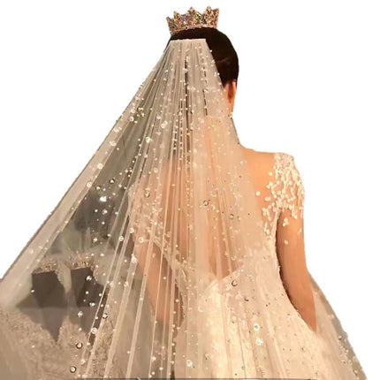 Bridal Sparkling Pearl and Rhinestone Trailing Veil