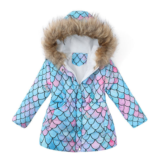 Wholesale Girls Winter Long Hooded Fur Collar Printed Padded Coat