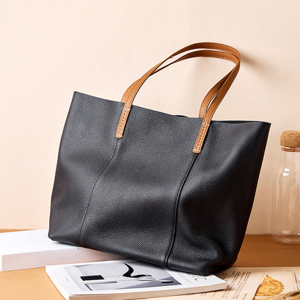 Women's First Layer Cowhide Handmade Tote Bag Large Capacity Portable Shoulder Bag 
